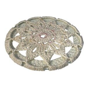 Crochet Lace Doily With Glass Centerpiece Round Sunburst Design Ivory 4 Inches